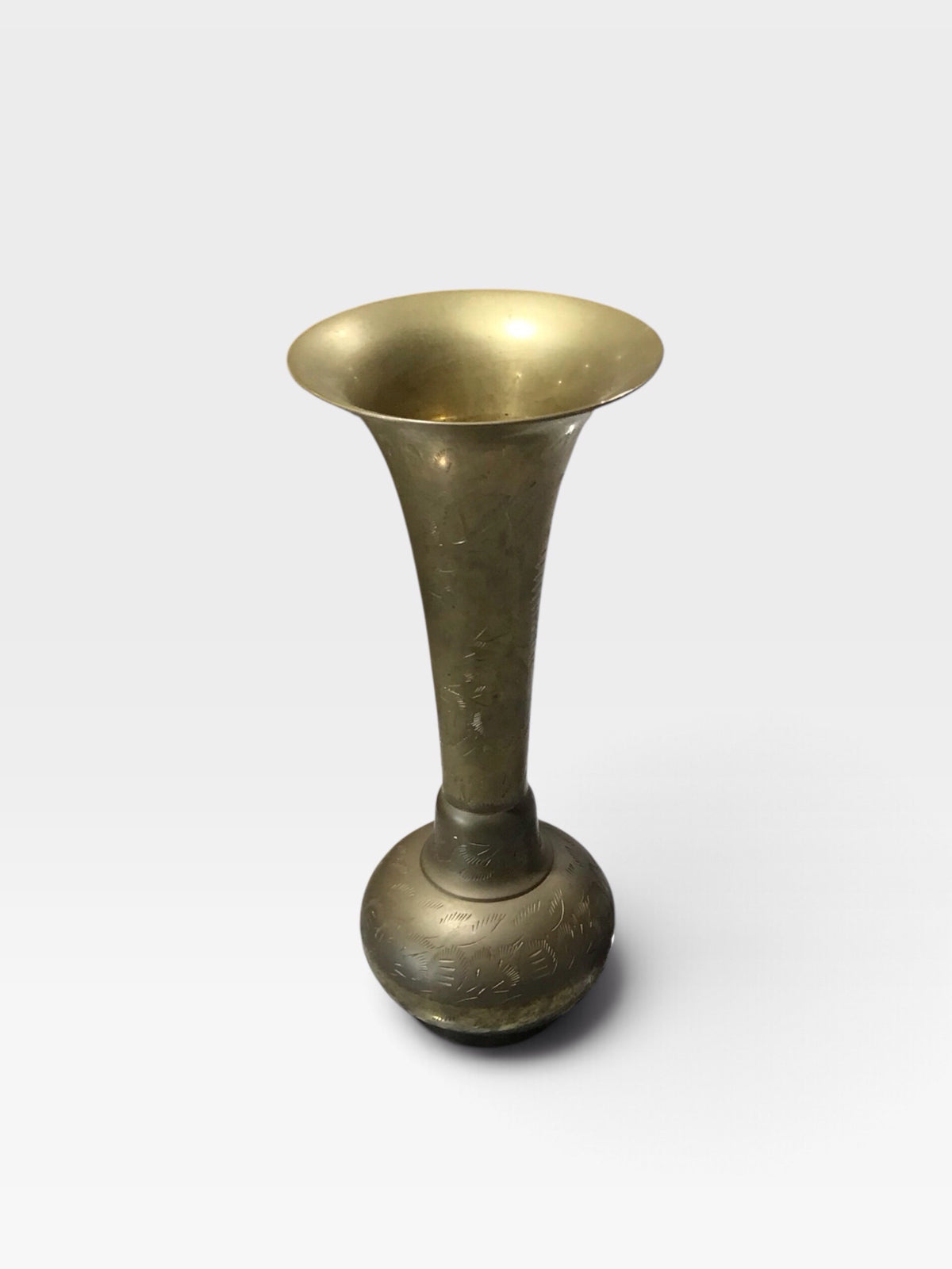 VTG Brass Etched Indian Trumpet Vase 4" Diam x 10" H