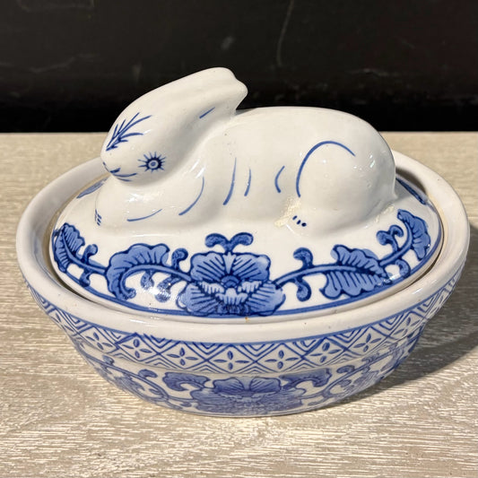 VTG Blue & White Bombay Co. Rabbit Trinket Box, 6"W x 4.25"D x 4.25"H