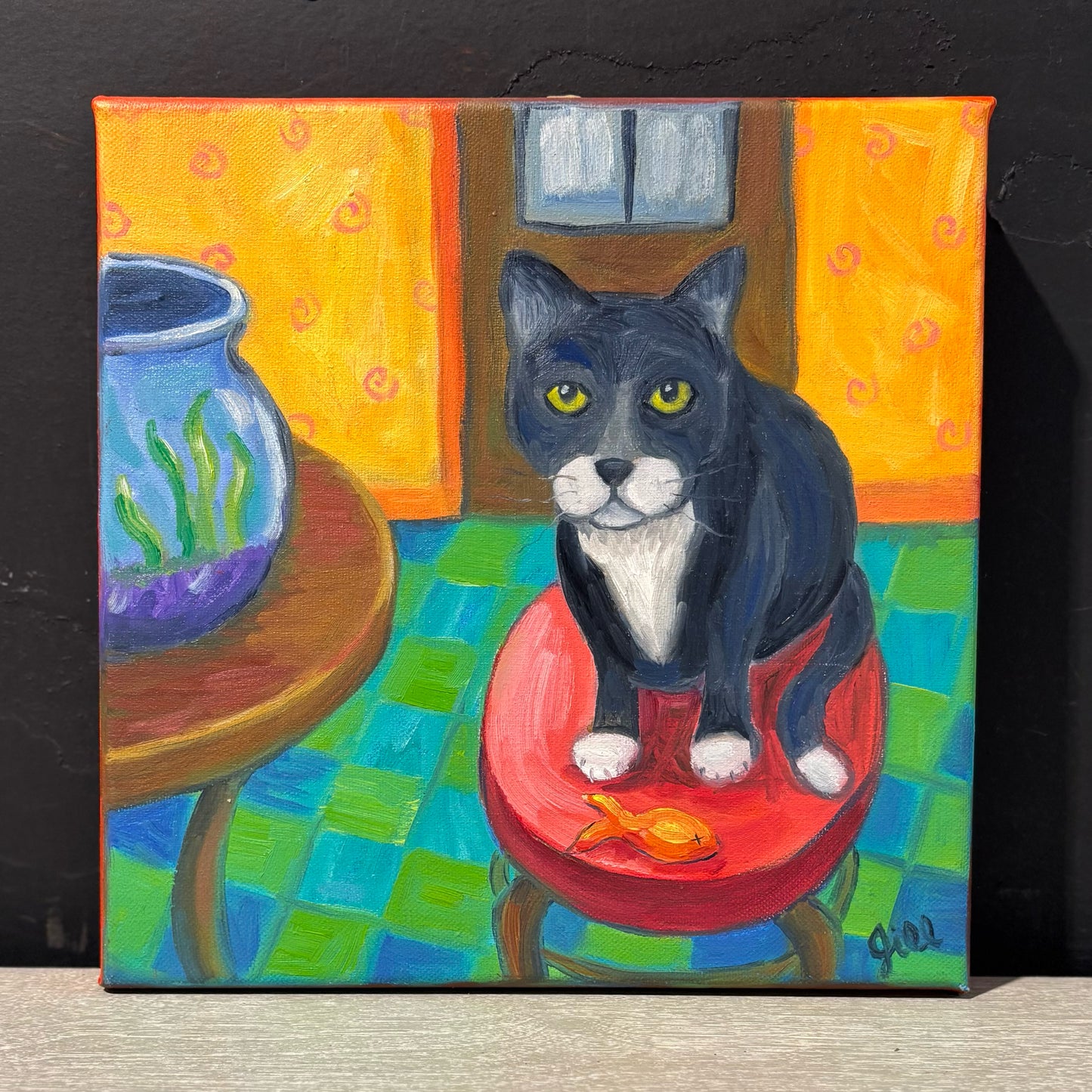 Original Tuxedo Cat Painting 10" W x 10" L x 2" H