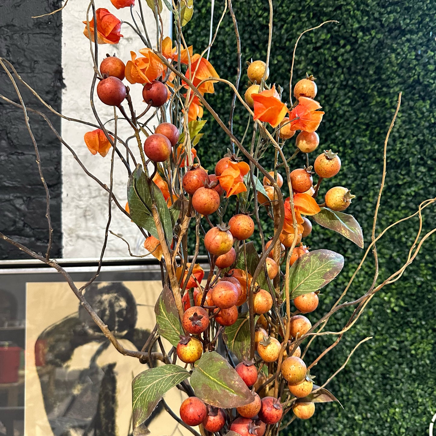 Faux Fall Foliage Arrangement in Cylindrical Glass Vase, ~16" W x ~45" H