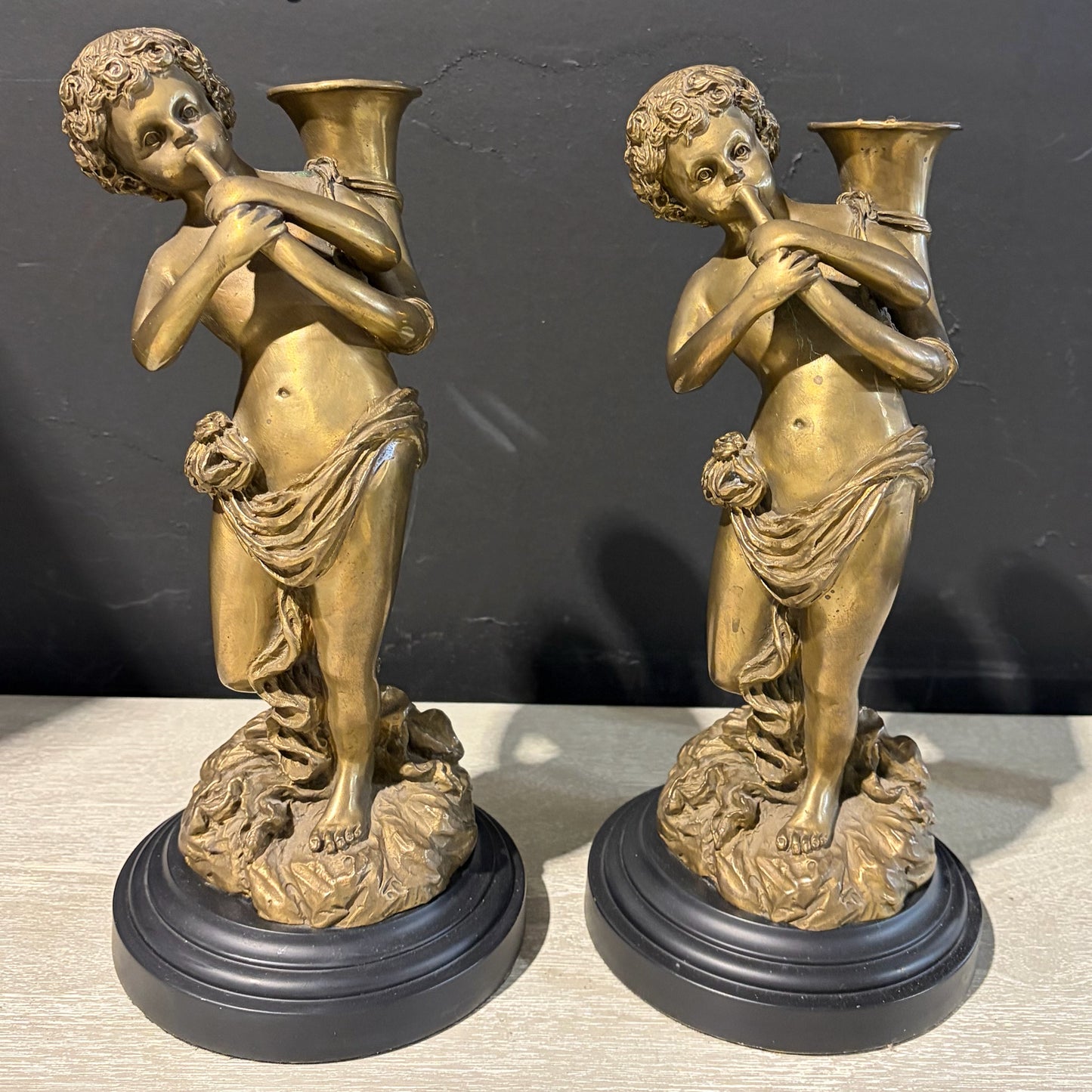 Pair of Bronze Cherub Statues, 11.5"H x 5.5"Dia each