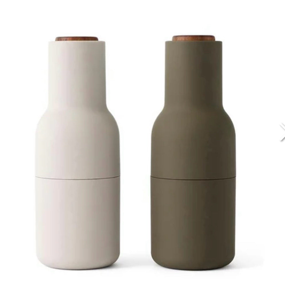 Audo Copenhagen bottle grinders, hunter green/beige, 8"H