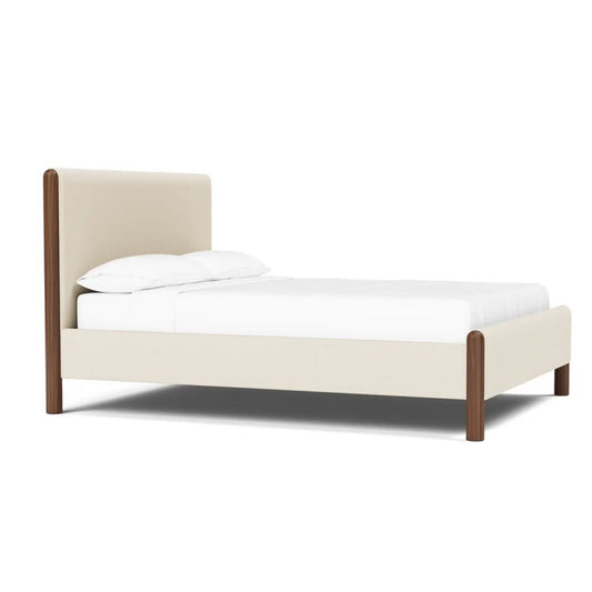 Laurel King Bed w/ Low Footboard, Oat Linen & Walnut, 90.25” D x 84.5” W x 48” H