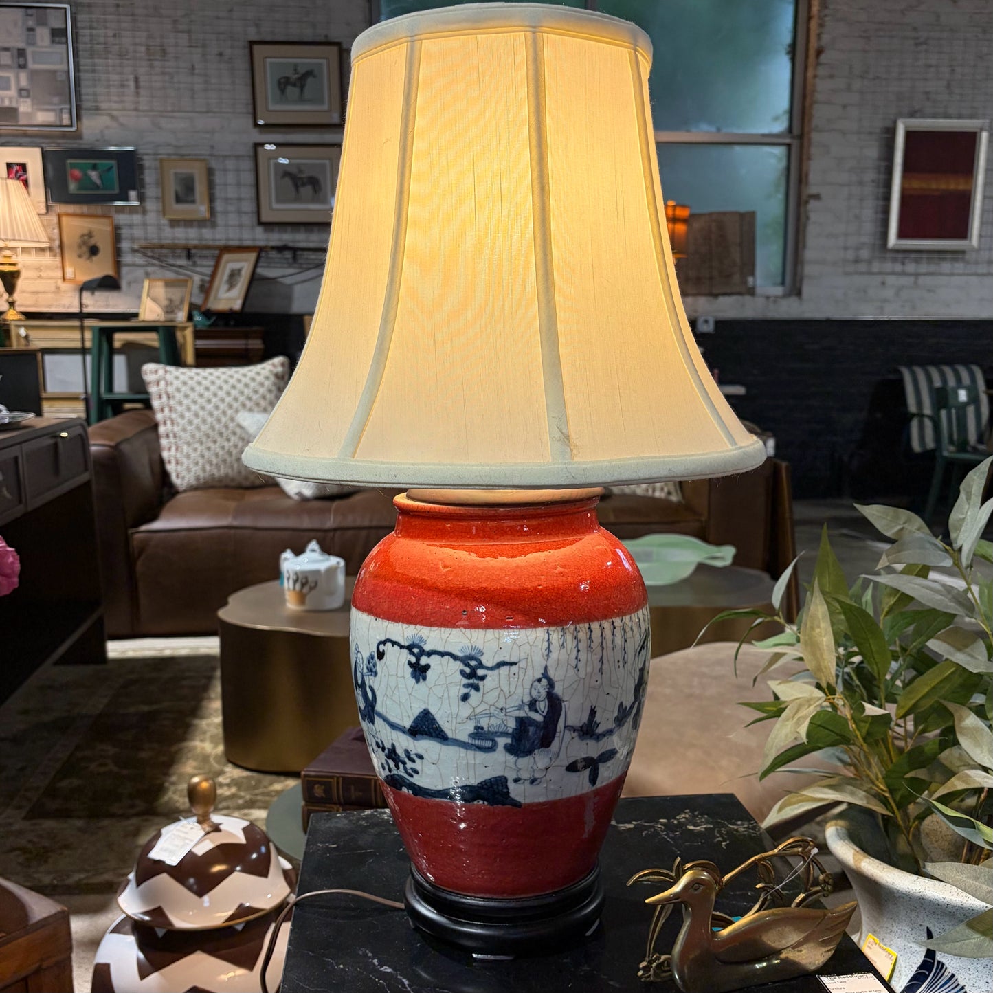 VTG Hand Painted Ginger Jar Lamp, Red/White/Blue, 14.5"Dia x 25"H
