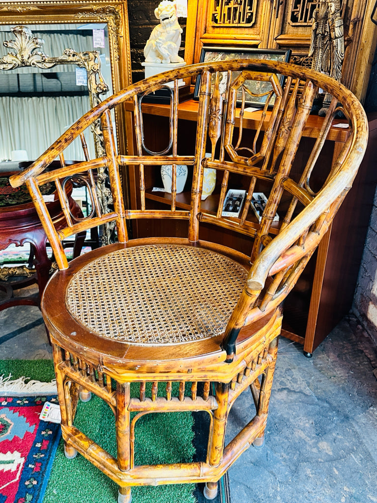 Vintage Brighton style tortoise bamboo/cane seat chair, 21.5"D x 27"W x 35.5"H
