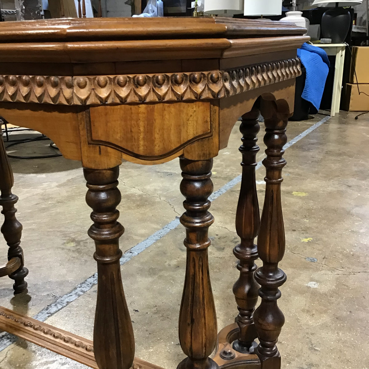 VTG Octagonal Wood Table with Interecate Carvings 39.5"W x 22"D x 31"H