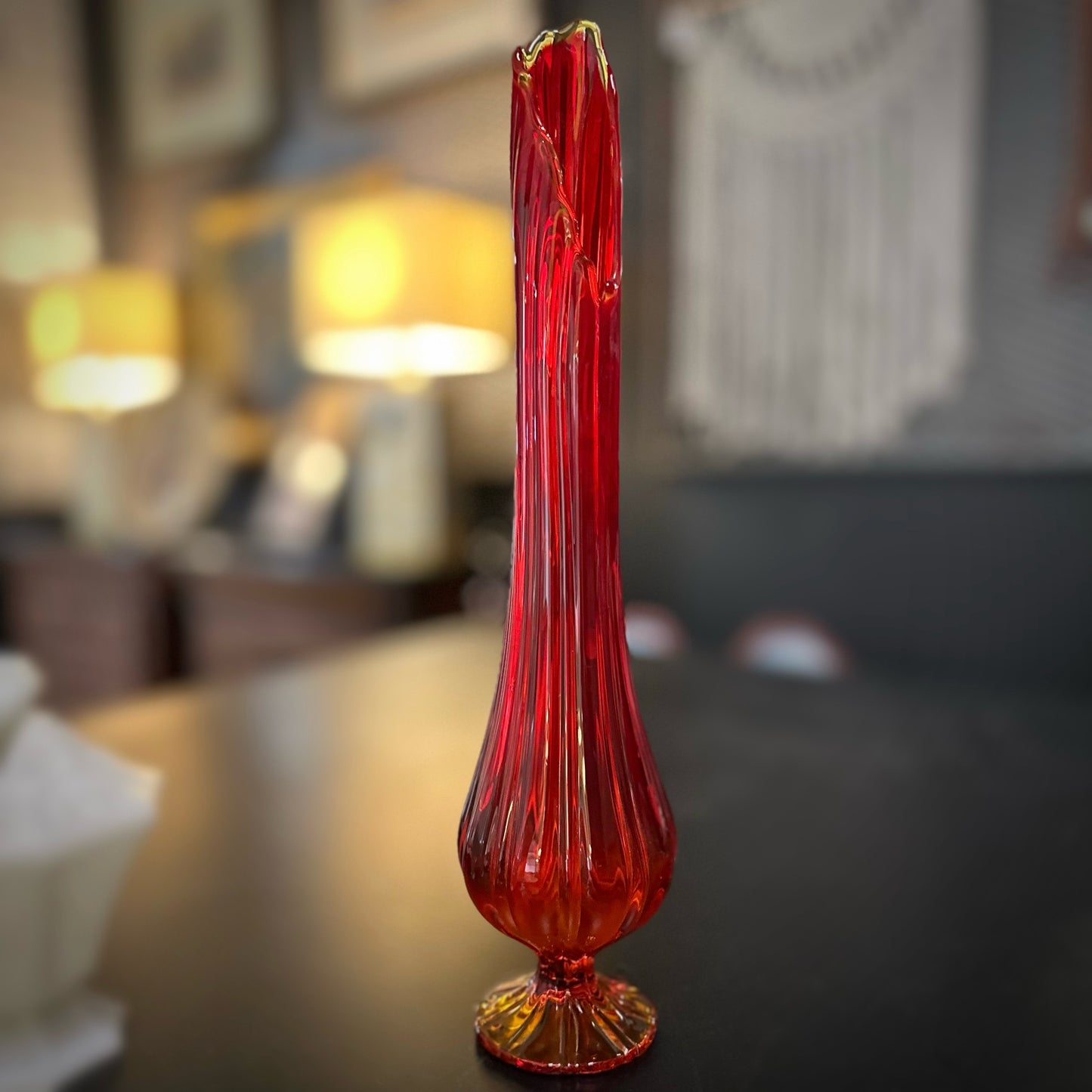 Vintage Swung Glass Amberina vase, ribbed/footed, 19.5"H x 5"W x 5"D