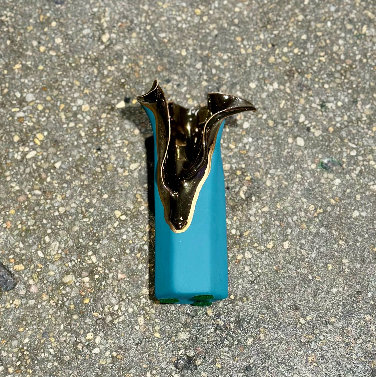 Abstract Teal & Gold Ceramic Bud Vase, 3.5" L x 3" W x 6" H