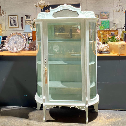 Antique Painted Curved Glass Cabinet, 41.25"W x 16"D x 70"H