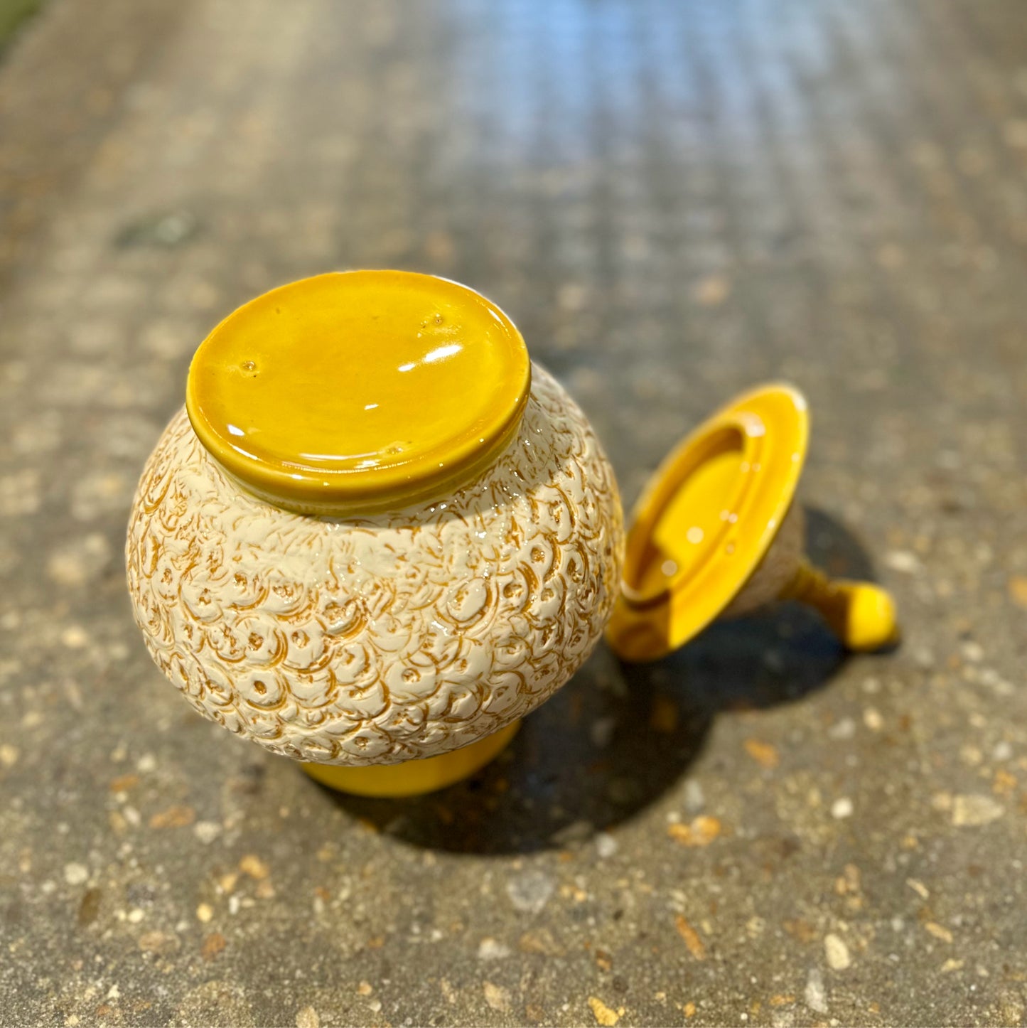 Vintage Lidded Urn, Yellow Ceramic, 6.25" Dia x 10" H