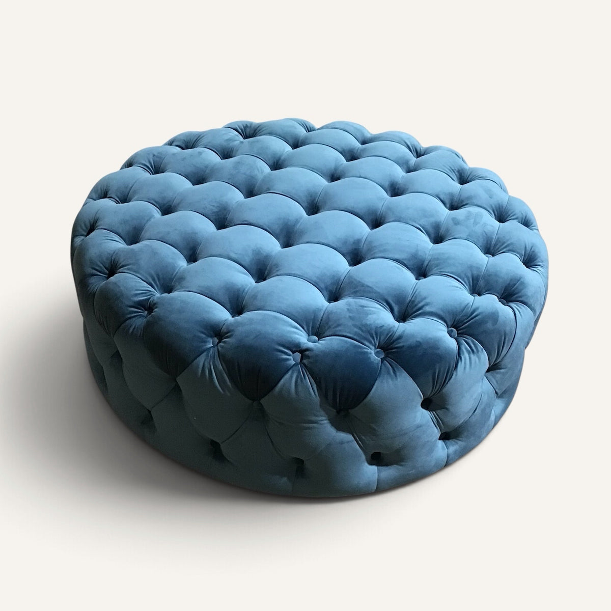 Button Tufted Blue Velvet Ottoman on Casters, 42"Dia x 15"H