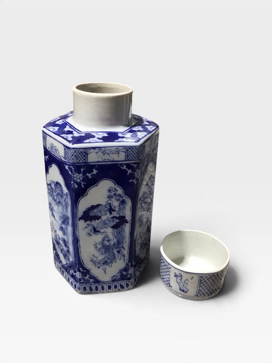 VTG Chinese Porcelain Hexagonal Tea Jar 4.25" Diam x 8.5"H