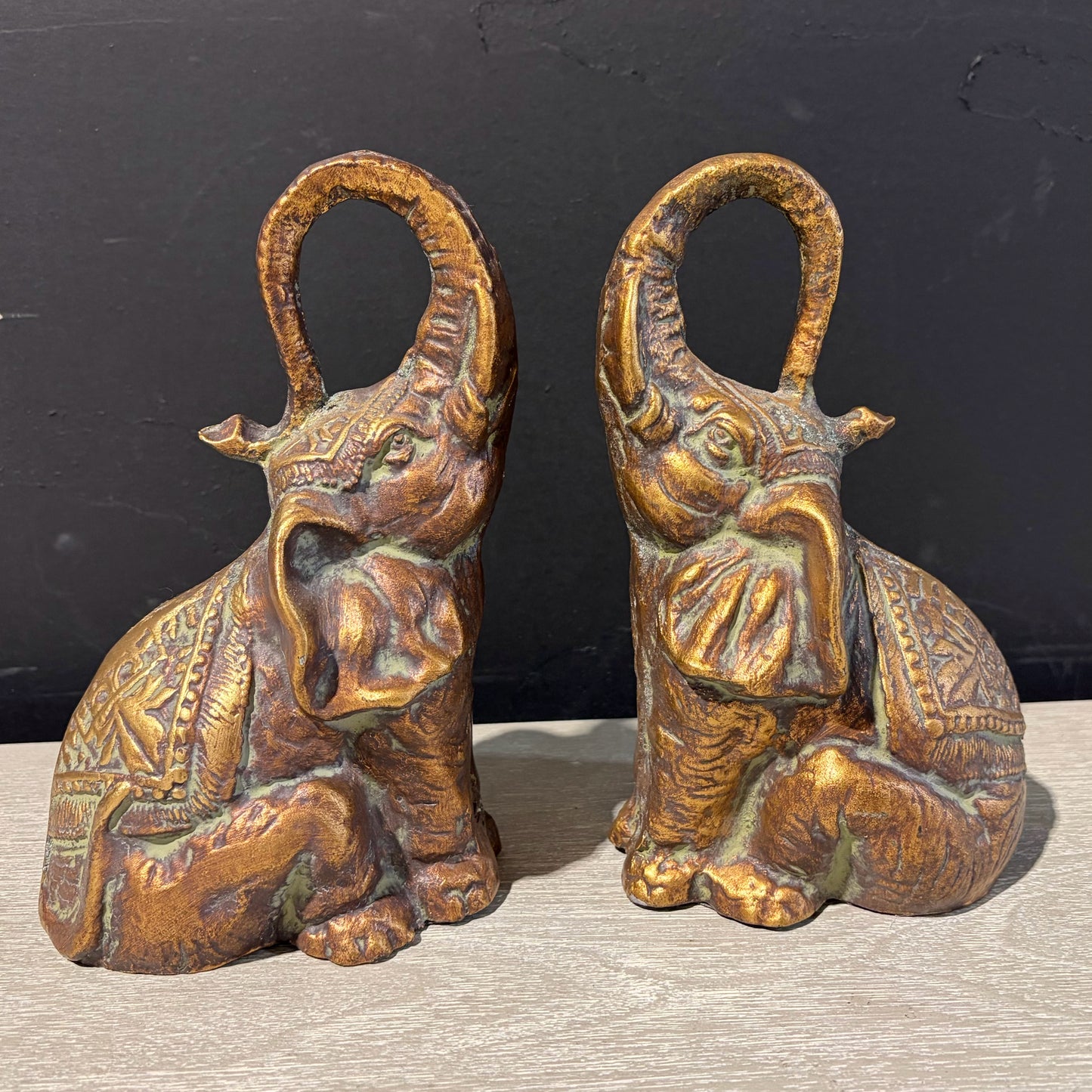 Vintage Pair of Bronze Elephant Bookends, 8.5"H x 5.5"W x 3.5"D