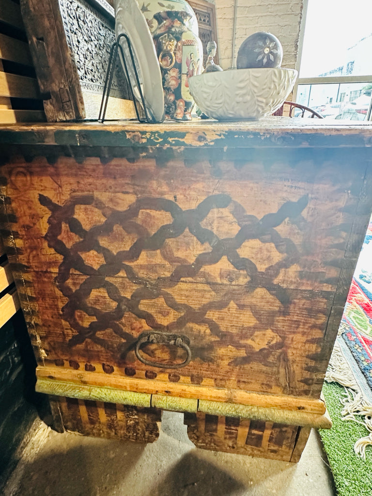 Antique Adams(?) trunk, original paint, hand wrought hardware
