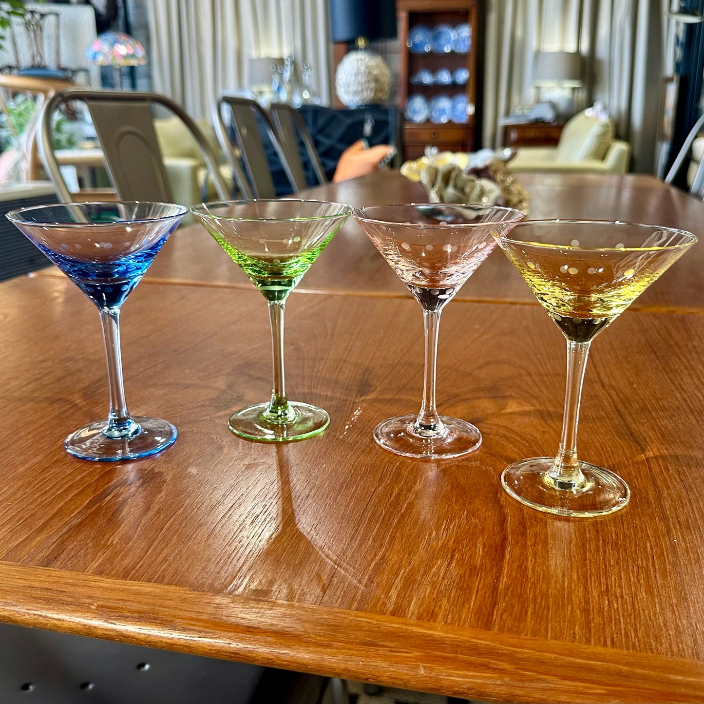 Set of 4 Kate Spade Martini Glasses, Multicolor Polka Dot Crystal, 5" H x 3.5" W