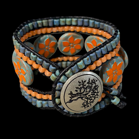 Bohemian Picasso Beaded Cuff, Orange Flowers by Carrie Prince