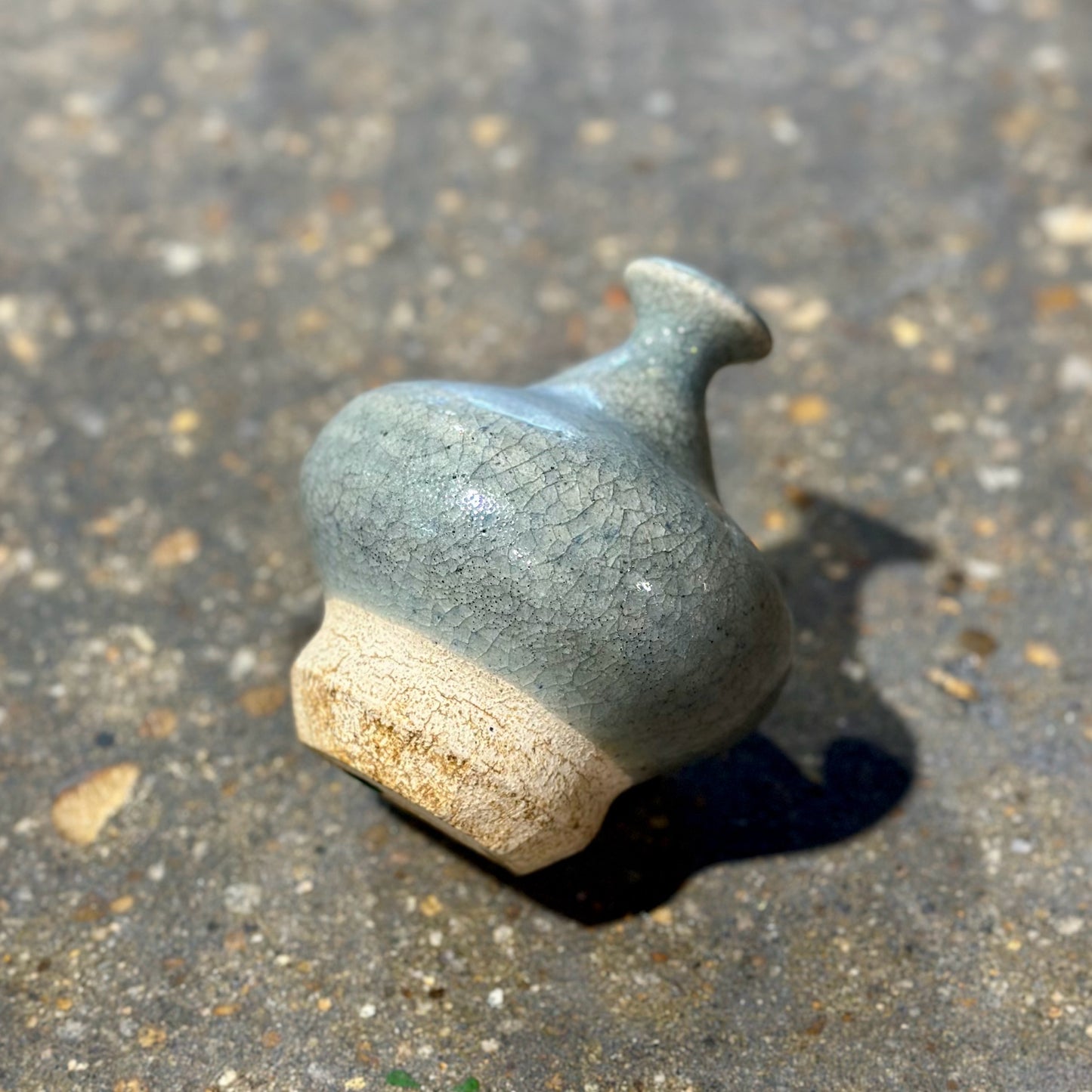 Signed Studio Pottery Bud Vase, Light Blue, 4" Dia x 4.5" H