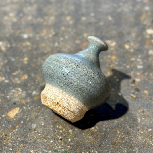 Signed Studio Pottery Bud Vase, Light Blue, 4" Dia x 4.5" H