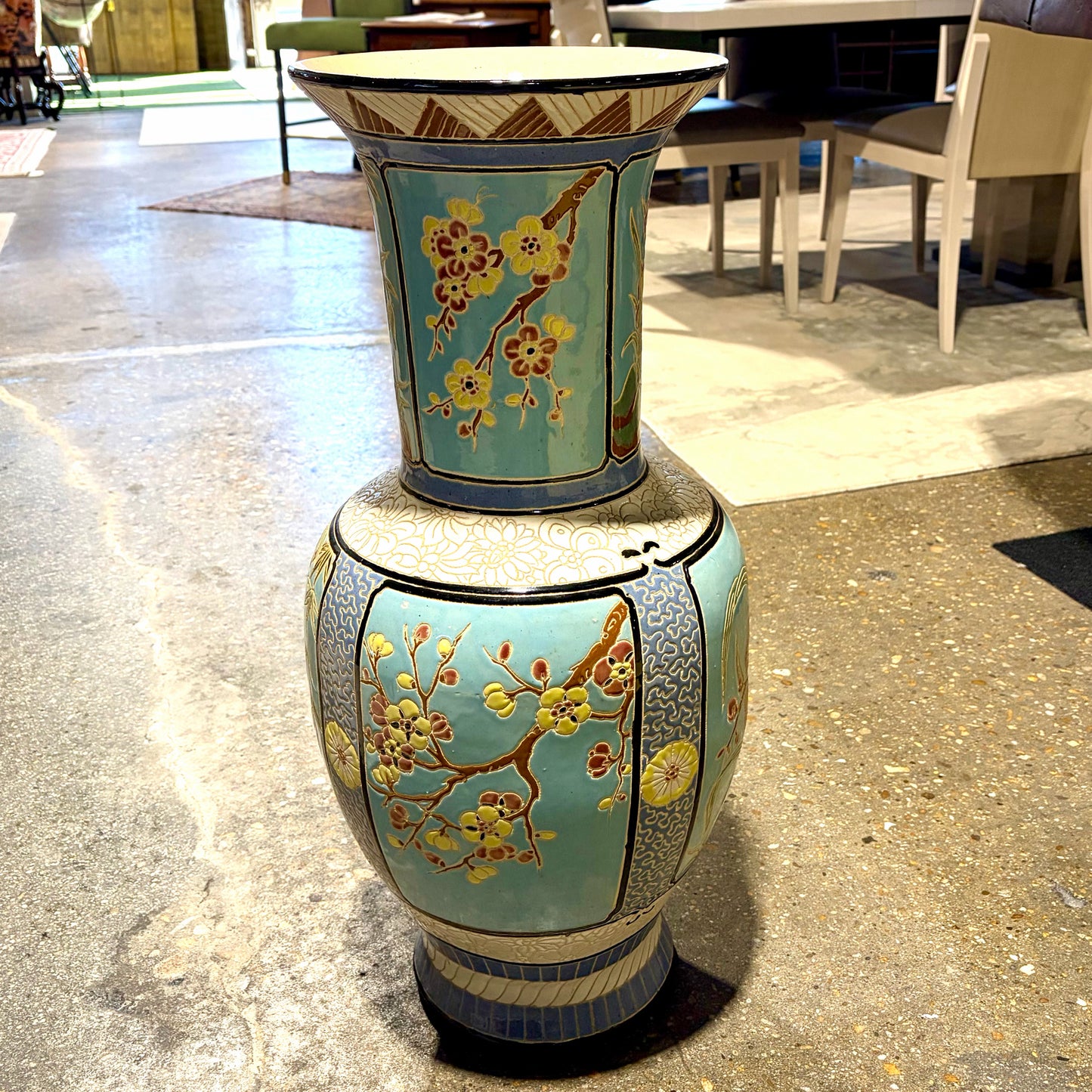 Large Ceramic Chinoiserie Style Floor Vase, 14"W x 14"D x 30.75"H
