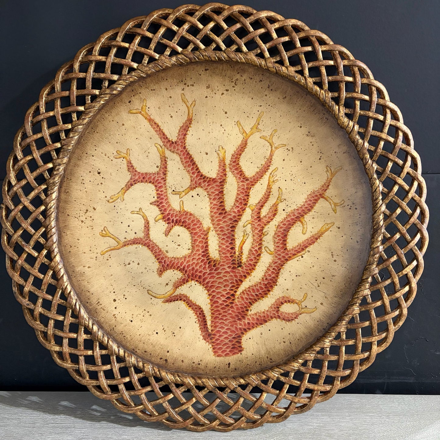Round Coral Hanging Plate w/Woven Border, 22.5"DIA x 1.75"D
