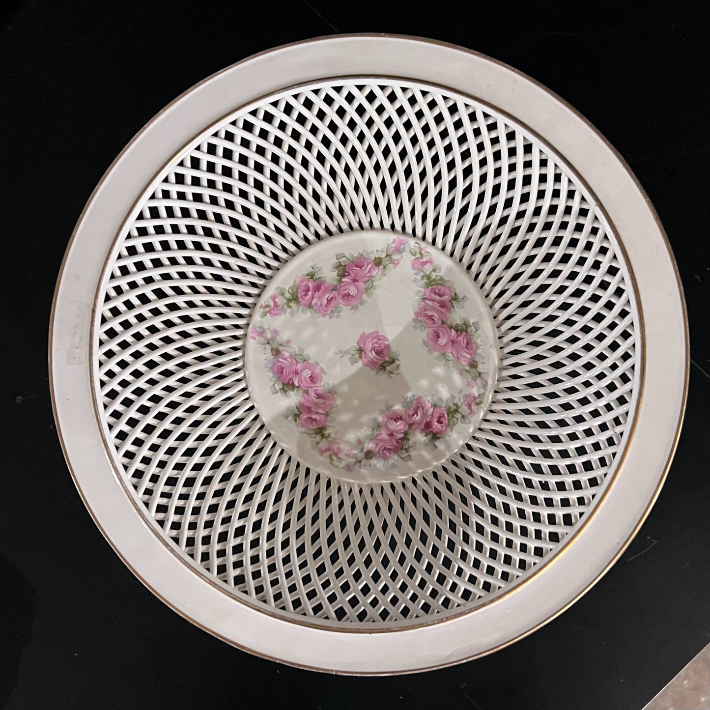 Antique Max Roesler Porcelain Basket, 9.75" Dia x 2.75" H