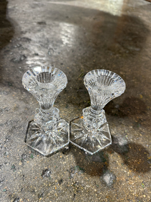 PAIR of Waterford crystal Chatham candlesticks, 3"W x 3"D x 5"H
