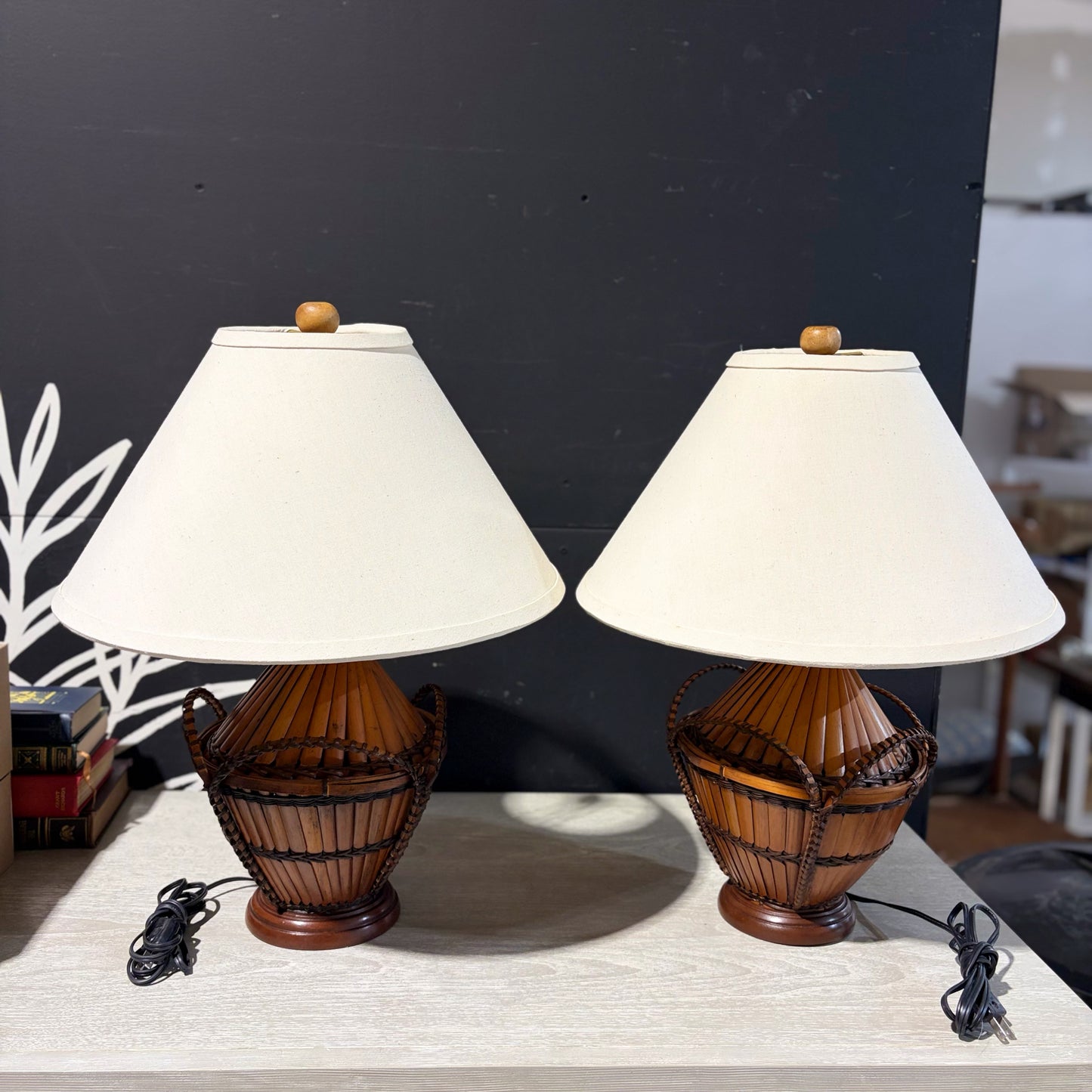 PAIR of VTG Bamboo Table Lamps 17" Dia x 22" H