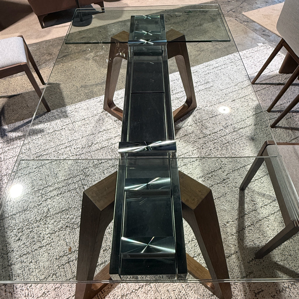 J&W glass extension table, walnut finish base, 63"-95"L x 35"W x 30"H