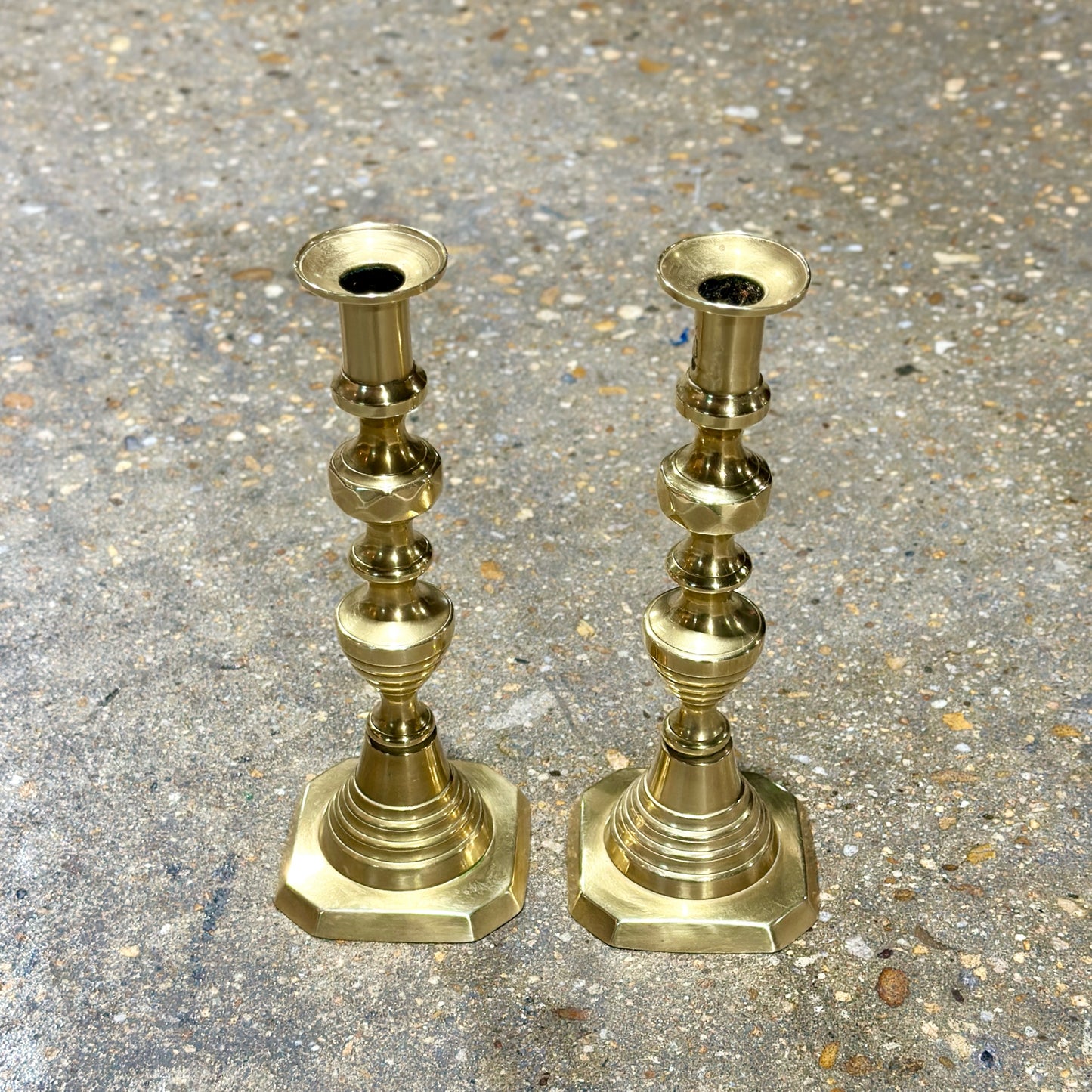 PAIR of vintage brass candlesticks, 11"H