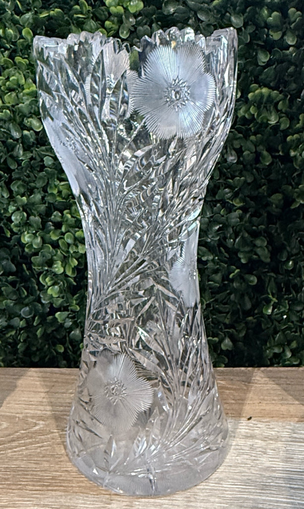 VTG cut glass corset vase, 10"H x 4.5"DIA