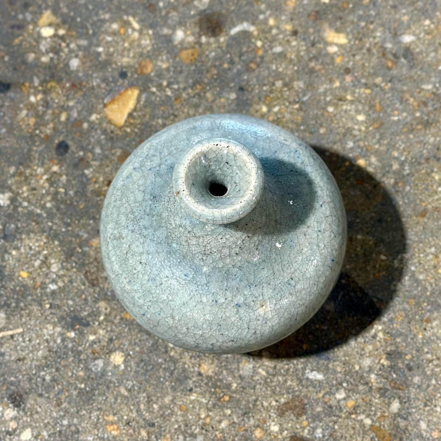 Signed Studio Pottery Bud Vase, Light Blue, 4" Dia x 4.5" H
