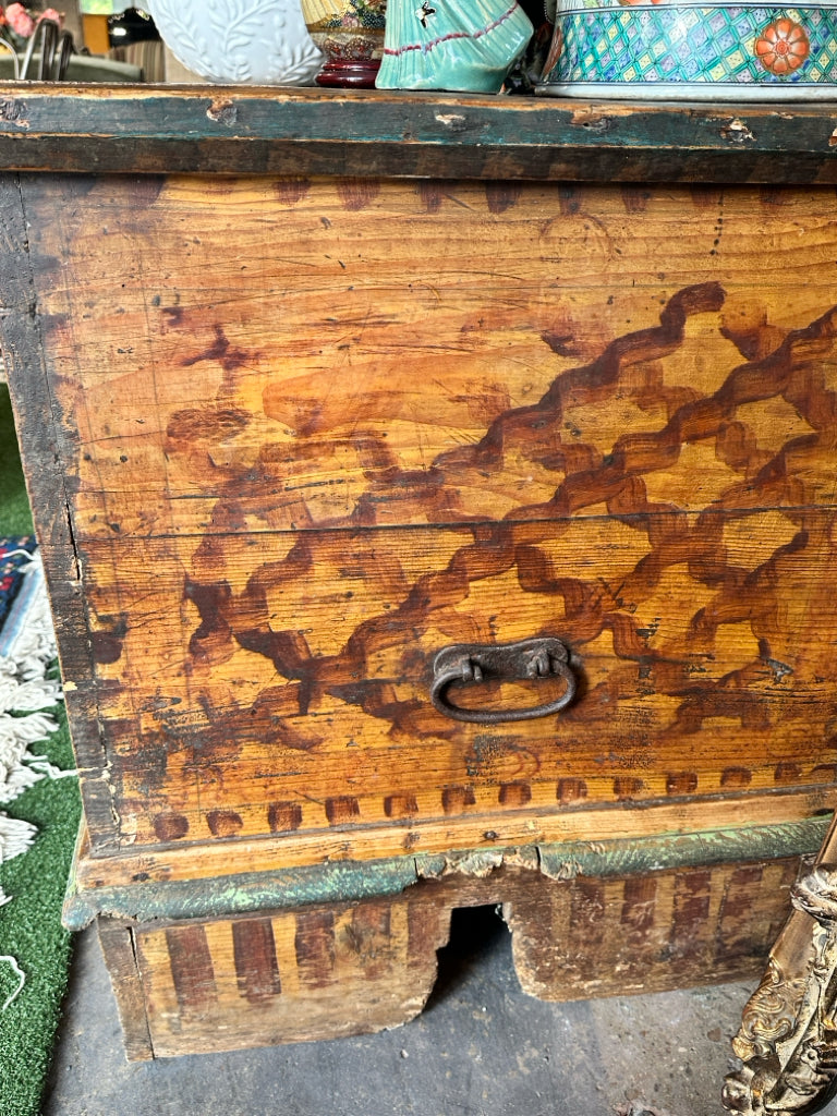 Antique Adams(?) trunk, original paint, hand wrought hardware