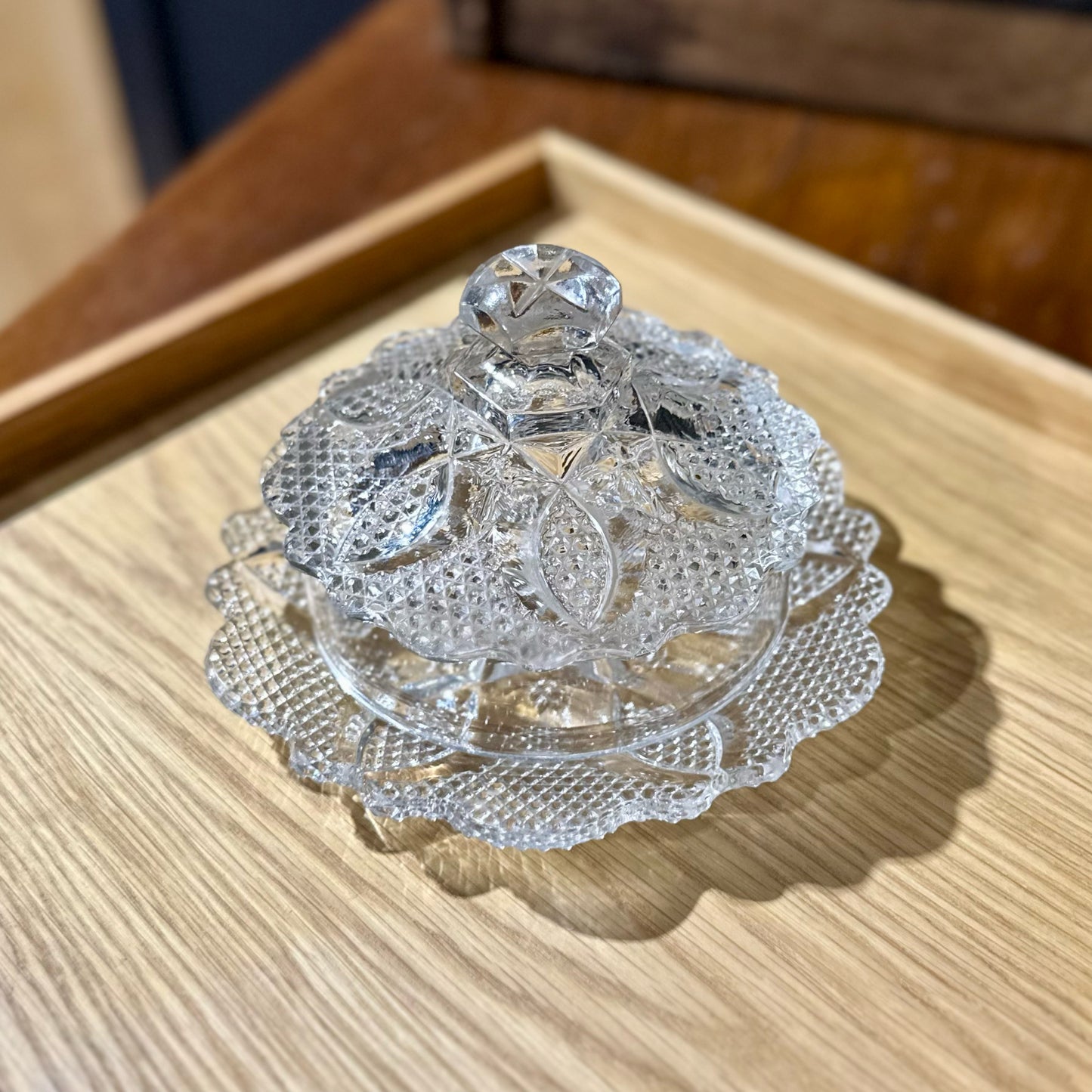 Westmoreland Faceted Glass Round Butter Dish, 7.25" Dia x 3.5" H