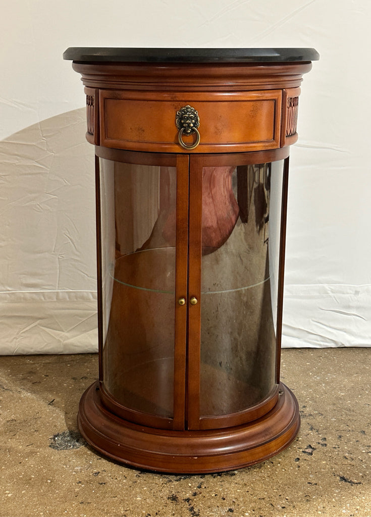 Bombay Co. column display table, travertine top, 17"D x 27"H