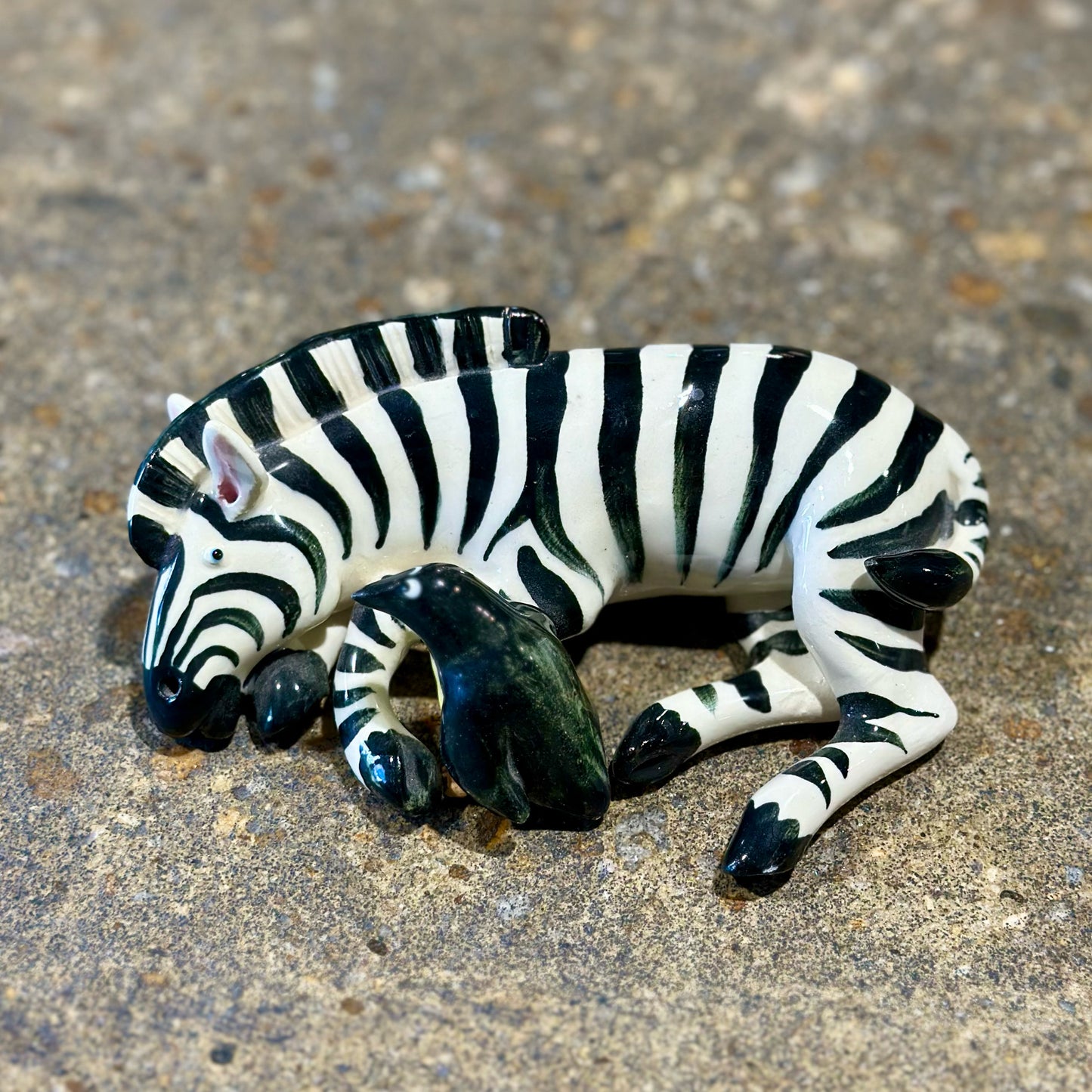 VTG Victoria Sexton Zebra & Penguin Figurine, Signed 1995, 5.5"L x 3.5"W x 2"H