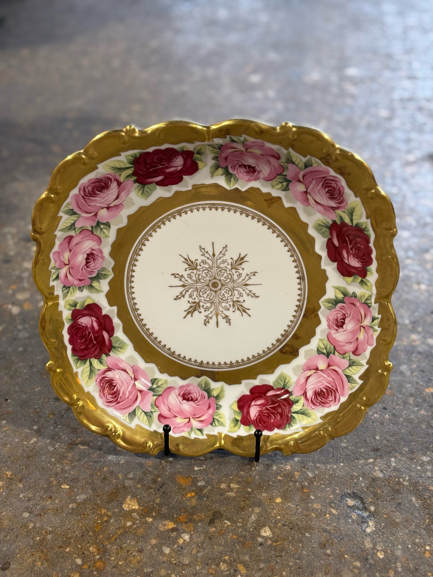 Vintage Bavaria Waldershof Germany rose & 22KT plate, 12"W x 12"D x 1"H