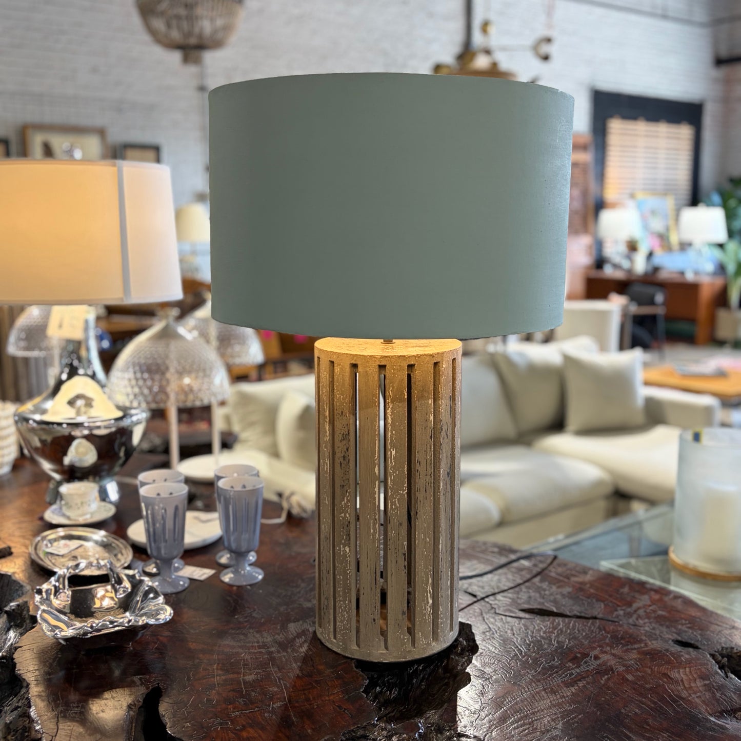 Coastal Weathered Table Lamp with Blue Shade, 28"H x 18"Dia