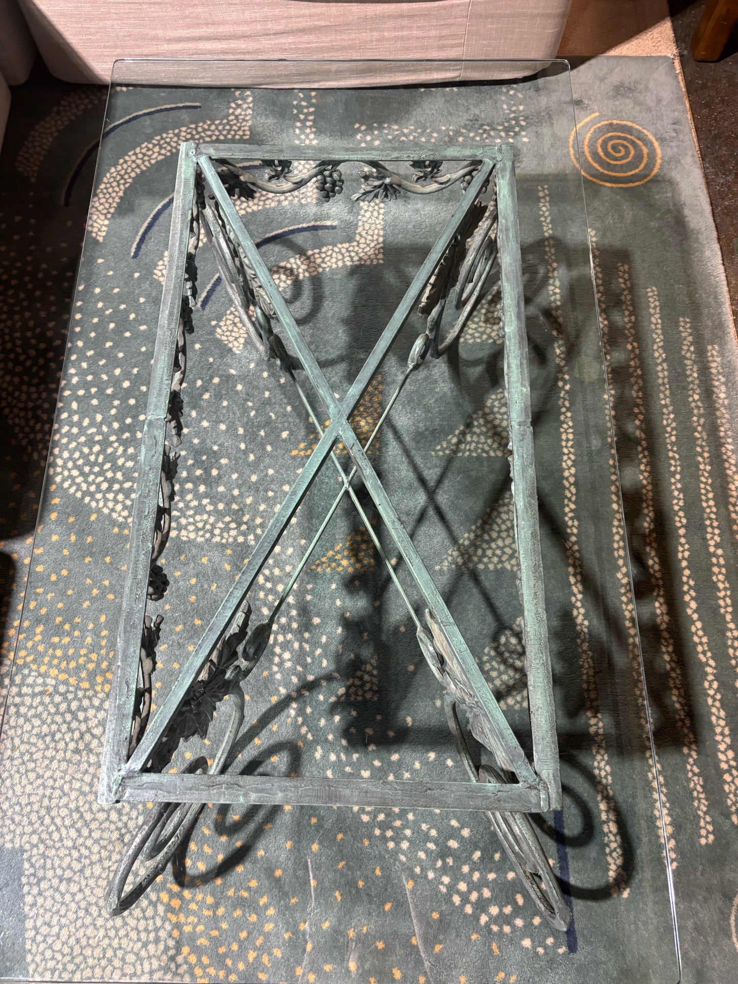Wrought Iron Hand Forged Grape Motif Glass Coffee Table - 46Lx18 x 26.5W
