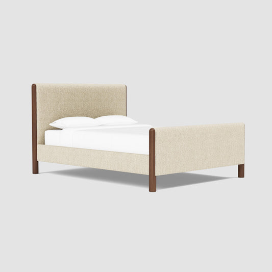 Laurel King Bed w/ Low Footboard, Oat Linen & Walnut, 90.25” D x 84.5” W x 48” H
