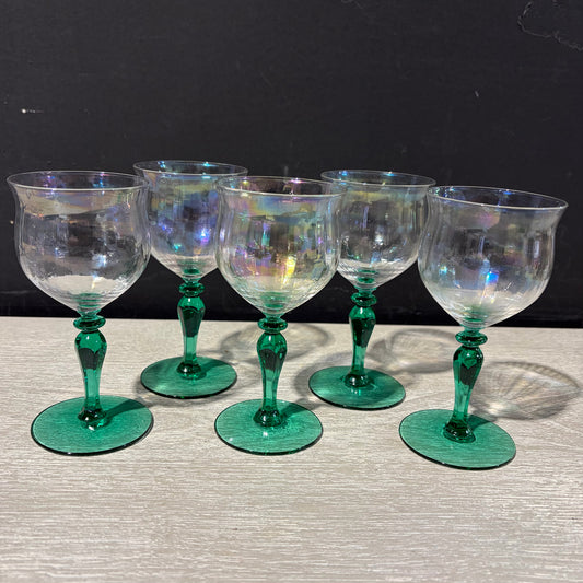 5 VTG Iridescent w/ Green Stemmed Cordials, 5.5"H x 2.5"Dia
