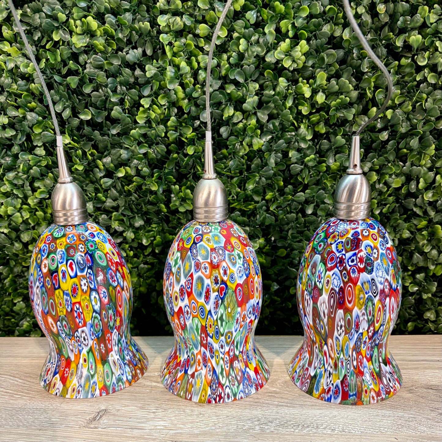 Set of 3 Millefiori Milano Glass Pendants, 7"H + (36" cord) x 5"Dia