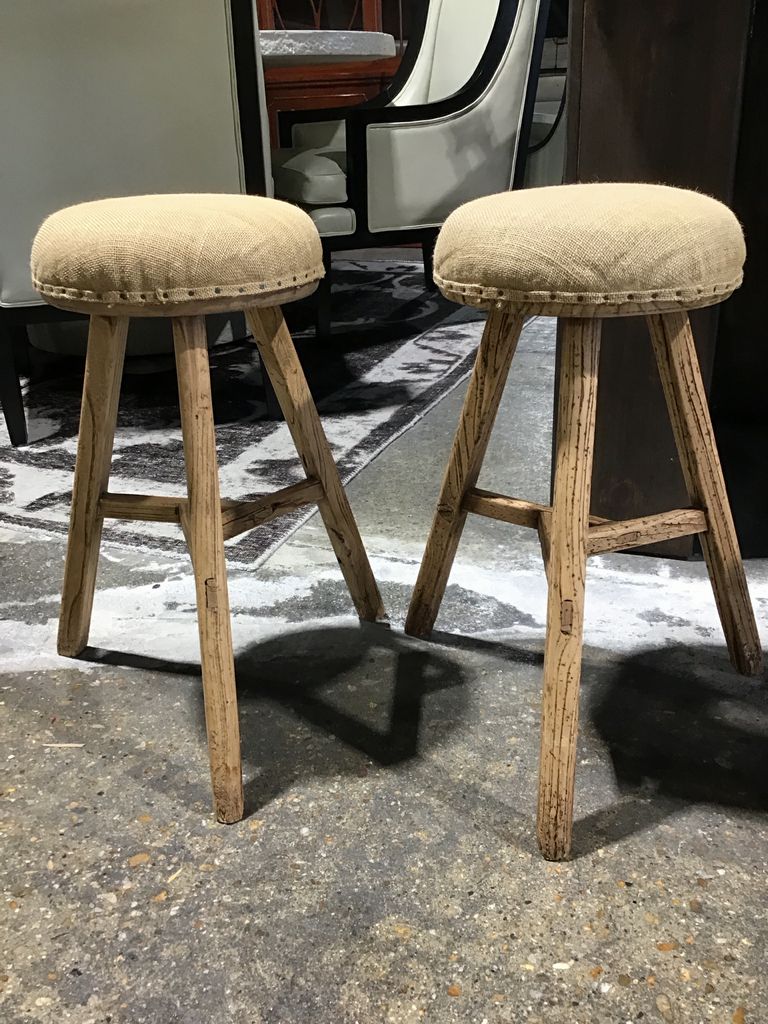 PAIR of Restoration Hardware rustic burlap Stools 22" H