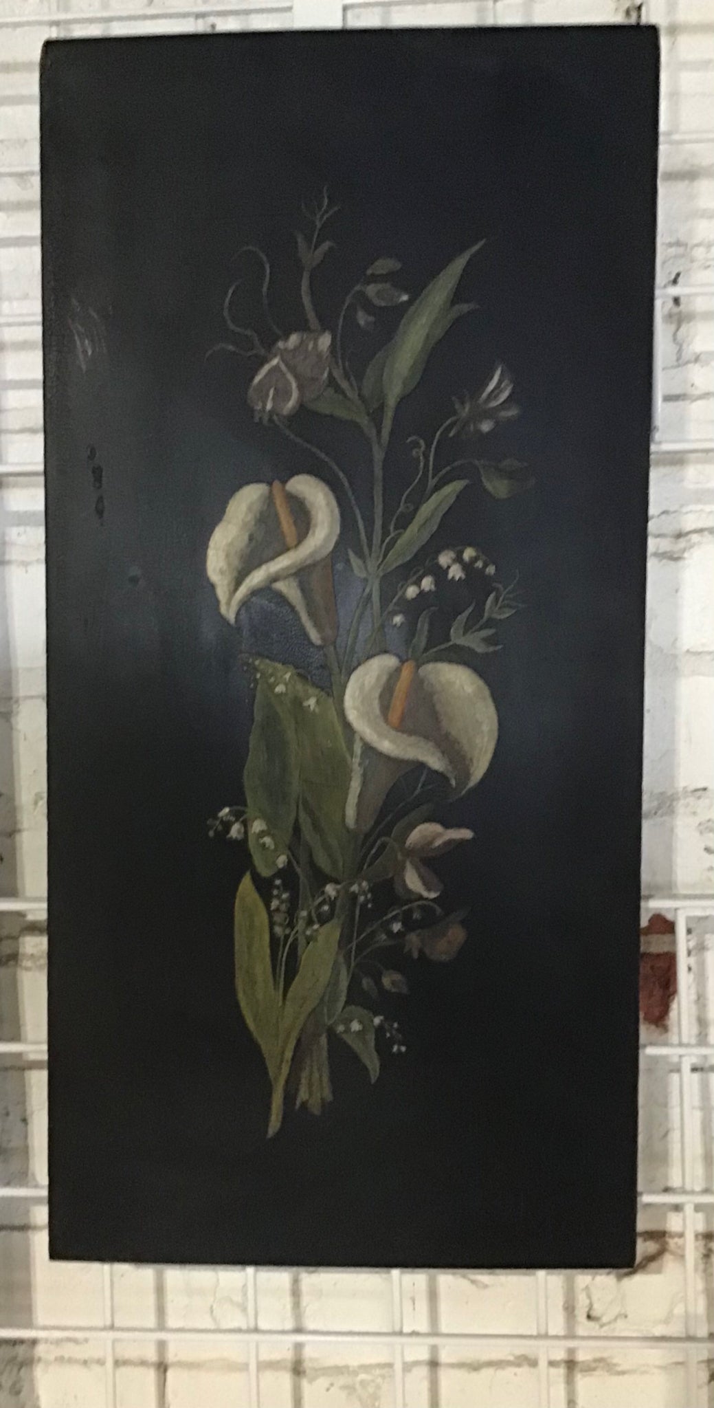 antique Calla, lily painting on board, 24"L x 12"W x .5" H