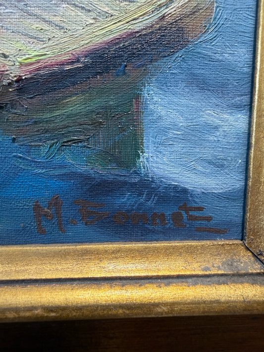 VTG oil/acrylic, Boats in the harbor, signed, 19"W x 23"H