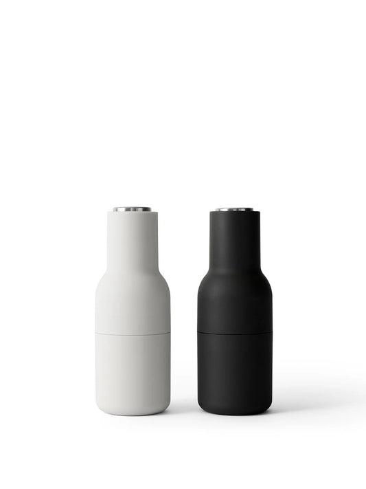 Audo Copenhagen Salt & Pepper Bottle Grinders, Carbon & Ash w/ Steel Lids, 8" H