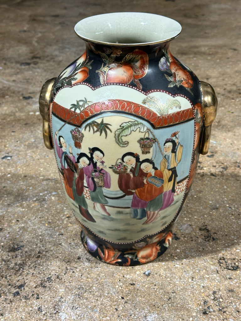 Vintage Japanese Moriage Satsuma Vase, 12"H