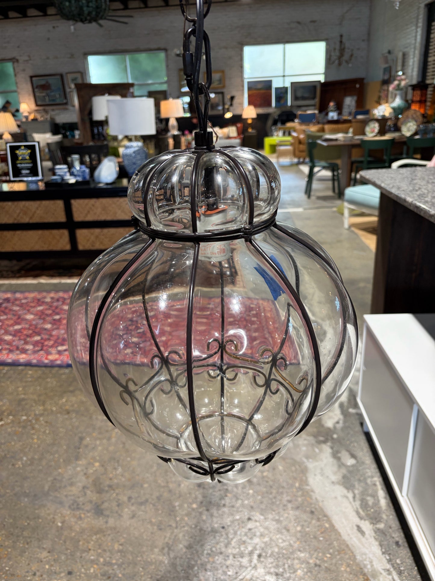 Venetian Caged Blown Glass Pentant, 12"W x 12"D x 16.5"H + Chain