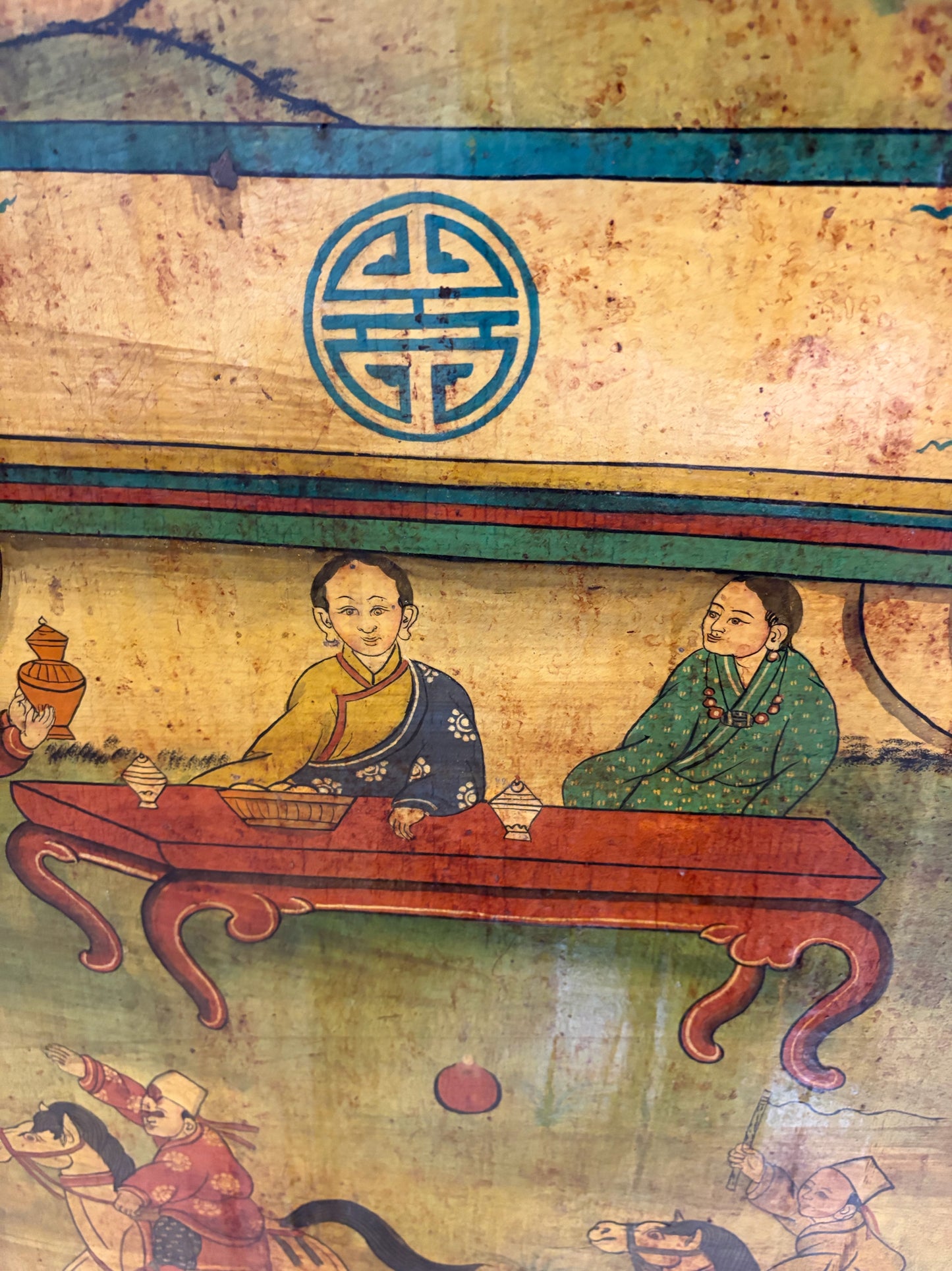 VTG Hand-Painted Asian Lacquer Wood Panel, 33.5"W x 65.5"H x 3"D