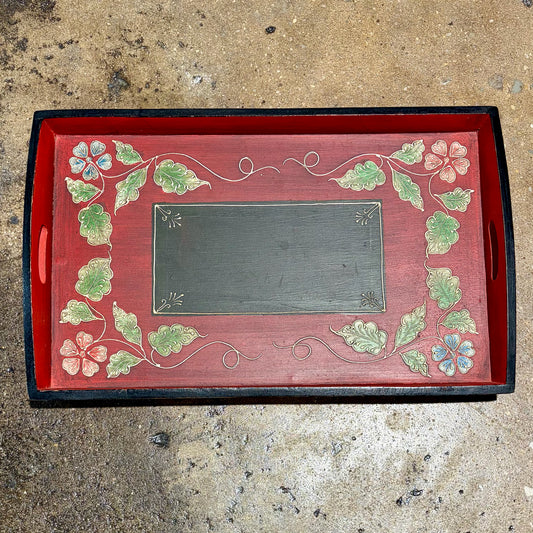 Serving Tray on Stand, Red Floral Design, 24.5"W x 15"D x 33"H