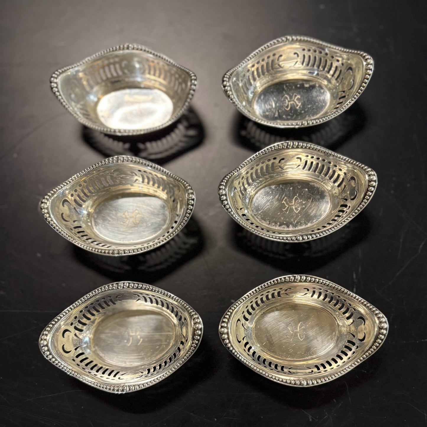 SET 6 Gorham Sterling Nut Dishes, monogram "H", 3.25" x 2.25" D x 1" H